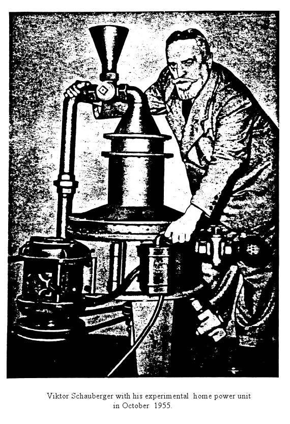 Viktor Schauberger with his experimental home power unit, October 1955
