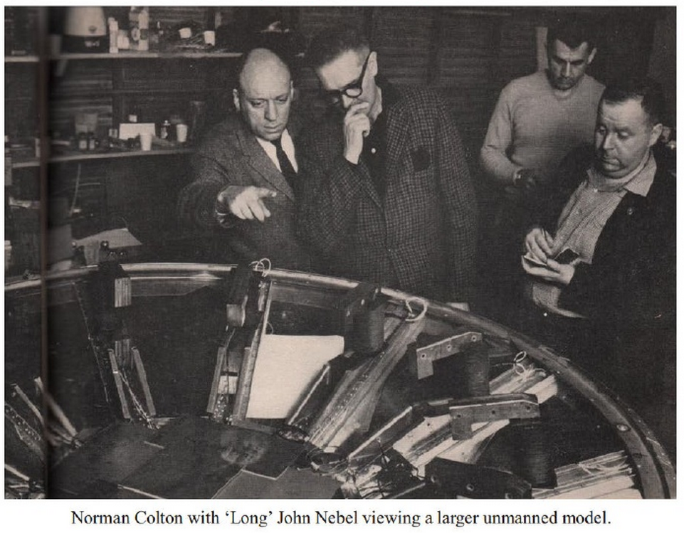 Norman Colton with 'Long John' Nebel viewing a larger unmanned OTC-X1 model